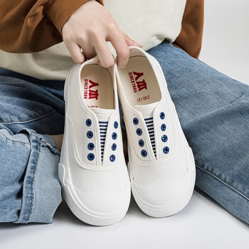 人本帆布鞋女2023新款薄款春夏季百搭休闲小白鞋一脚蹬透气小众大头鞋