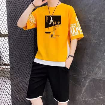 男士短袖短裤一套衣服搭配夏装宽松大码200斤胖子透气 cop黄色套装 m