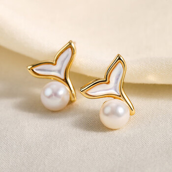 个性鱼尾淡水珍珠耳饰时尚大气耳环925银针网红潮流耳钉送女友礼珍珠