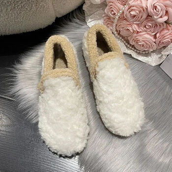 鞋女冬款网红女秋冬新款过冬懒人一脚蹬平底休闲羊羔绒毛毛鞋米白色35