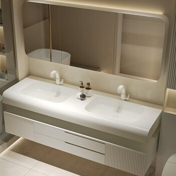 凸凸卫浴北欧可丽耐肤感一体盆浴室柜组合弧形橡木洗脸盆卫生间定制