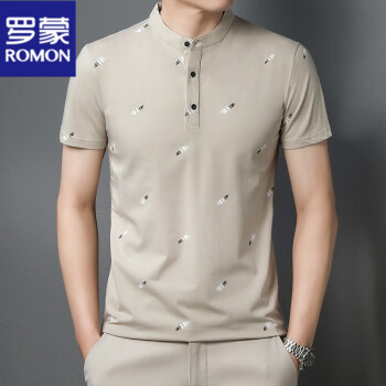 罗蒙（ROMON）夏季新款短袖T恤男装韩版休闲透气舒适半袖立领凉感速干上衣男款 卡其  M