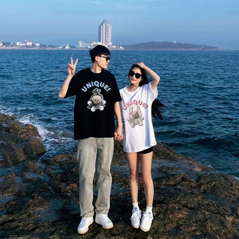 lila短袖t恤男纯棉情侣装夏季一男一女圆领短袖潮流小众男装半袖衣服