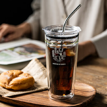 双层玻璃吸管杯耐高温玻璃杯办公室带盖喝水杯隔热防烫双饮口咖啡杯大