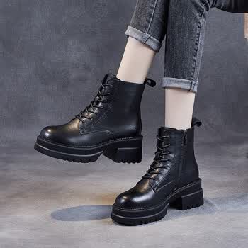 马丁靴女潮流时尚气质马丁靴厚底增高显瘦显腿长女靴系带侧拉链设计