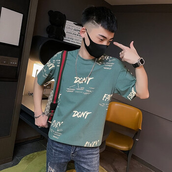 cozok热天衣服男圆领绿色短袖t恤士ins痞帅半袖装印花体恤上衣 d308