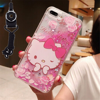 日韩卡通闪粉流沙凯蒂猫苹果12手机壳8plus液体流动xr软壳6s可爱粉色
