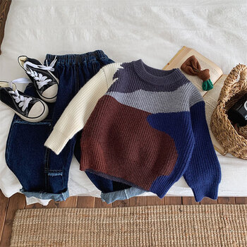 蒙迪索图儿童毛衣秋装新款男童韩版糖果色百搭针织衫上衣女童圆领毛线