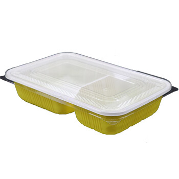 御厨 一次性餐盒外卖打包盒快餐盒二格长方形分格带盖塑料 黄白1000个