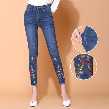 刺绣牛仔裤女春秋2021韩版显瘦紧身小脚九分裤高腰绣花裤子潮 深蓝 27