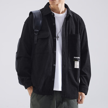 衬衫男宽松大码秋季新款工装纯色翻领衬衣外套潮黑色m体重推荐100120