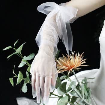 卉仁爱情的婚纱手套化妆拍照摄影薄纱新娘结婚蝴蝶结超仙q白色轻长款