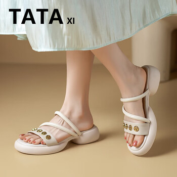 他她熙(tataxi)女鞋时尚厚底露趾金属扣凉鞋女2024夏新款一字带凉拖鞋