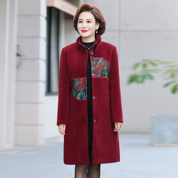 琼斯维格秋冬新款中年复古毛呢外套女中长款加棉加厚呢子大衣 枣红色