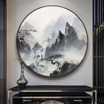 墨派 手绘油画玄关装饰画圆形迎客松新中式工笔山水画客厅背景墙壁画