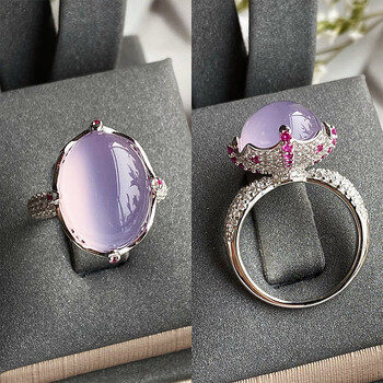 竹誉骁天然冰种原色紫玉髓紫罗兰玛瑙戒指简约时尚s925银饰品89号周长