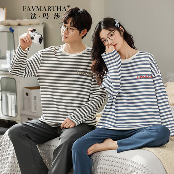 法玛莎品牌两套价情侣睡衣新品一男一女纯棉长袖套头薄款条纹家居服套装ZKL-2214情侣款 女M送男L