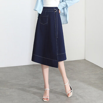 欧偲麦不规则牛仔裙半身裙女2022年新款夏季薄款a字中长款开叉裙子