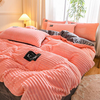 法兰绒被套单件珊瑚绒四件套床上用品冬季被罩水晶绒床单式毛绒粉玉灰