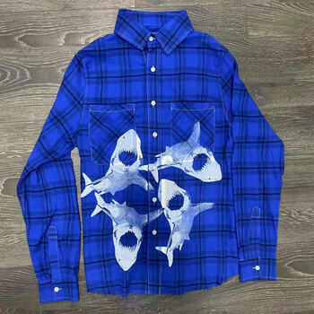新款衬衫男自主非amiri蓝格子鲨鱼印花衬衫男潮流痞帅长袖外套潮ins