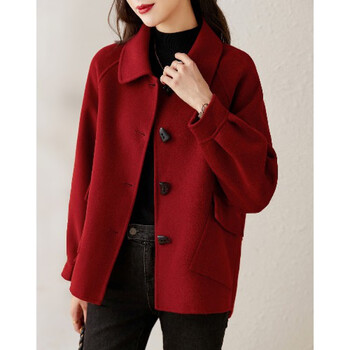 京霆双面羊绒毛呢短外套女春秋小个子母时髦洋气时尚呢子大衣时红色