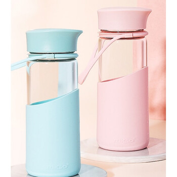 水杯全新防摔简约学生茶水分离茶杯运动玻璃杯灰绿色450ml大logo开盖