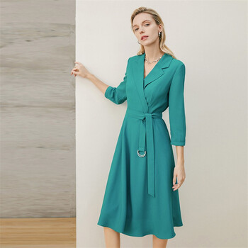 颜域七分袖连衣裙女春装2022收腰显瘦气质通勤中长款女士裙子蓝绿色