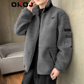okoj品牌冬季新款加绒加厚羊羔绒外套男士时尚刺绣印花立领夹克深灰色
