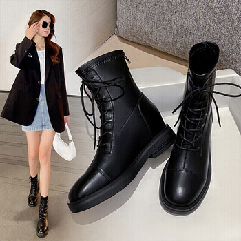 潮英伦风短靴百搭休闲鞋网红瘦瘦靴短筒厚底内增高单靴女 n61m 黑色