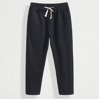 裤男夏季薄款棉麻裤子中国风男装宽松直筒休闲长裤男士九分裤黑色m