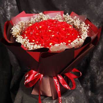 礼物永生花干花送人假玫瑰花束仿真送男女朋友闺蜜 52朵咖红满天星