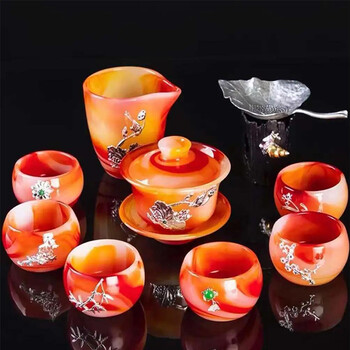 甲牛轻奢镶银茶具玛瑙玉瓷功夫茶杯盖碗套装绯红高档公道杯茶海礼盒装