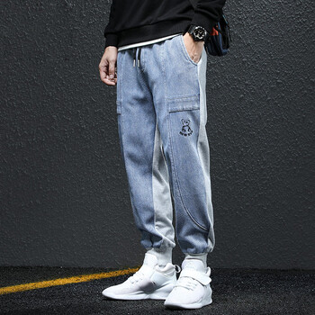 择肯秋冬款牛仔拼接卫裤男ins潮牌百搭束脚运动裤男士宽松大码休闲裤
