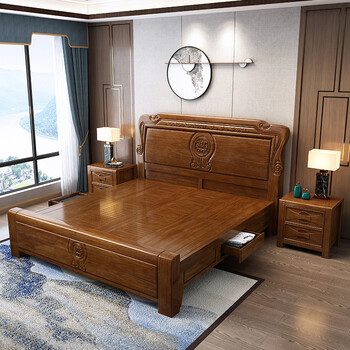 8米大床加厚储物仿古典主卧全实木卧室家具 黄金梨木实木床 框架结构