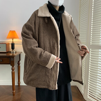 外套男士冬季羊羔毛加绒加厚棉服港风复古潮牌宽松棉袄卡其色m90105斤