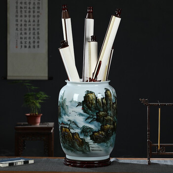 赣景旭景德镇陶瓷书画桶字画筒手绘山水卷轴收纳缸大号箭筒客厅落地