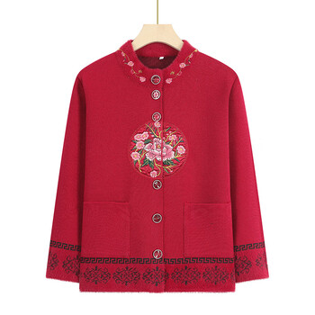 尚梵姿春秋针织开衫外套秋装女上衣唐装衣服酒红xl建议80105斤