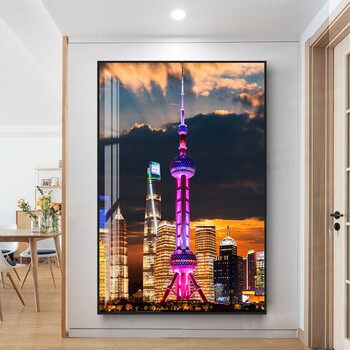 夜上海东方明珠金光欲出 喜森亚 高清玄关装饰画入户走廊过道竖版挂画
