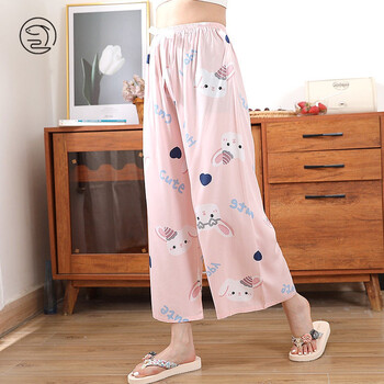 佐琪鱼棉绸睡裤女夏季薄款阔腿裤可外穿人造棉长裤子大码绵绸宽松家居