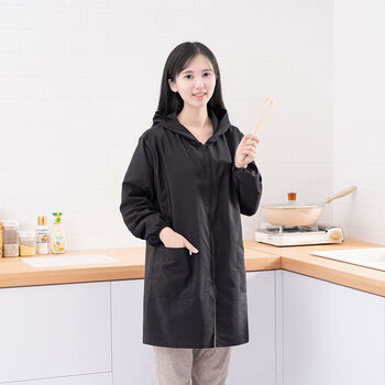长袖拉链罩衣韩版时尚大人厨房围裙防水防油连帽纯色护衣女工作服纯黑