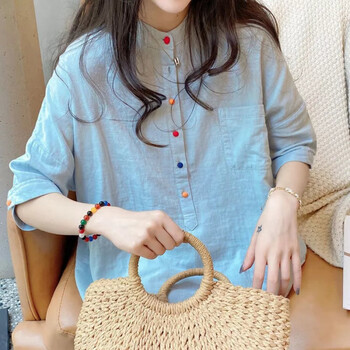 苜戈2024年夏季通勤韩版宽松文艺清新立领彩扣棉麻衬衫女娃娃衫上衣粉