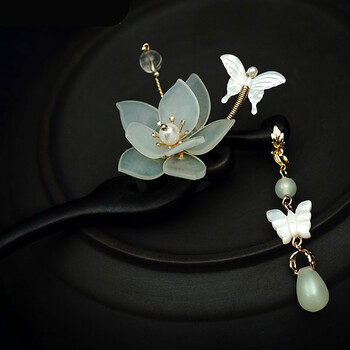 发簪子女古风步摇流苏黑檀木汉服头饰纯手工玉兰花发钗岫玉大礼盒c