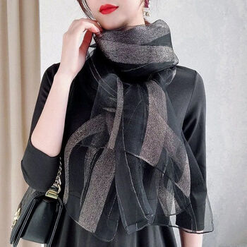 纱巾妈妈时尚百搭桑围巾女百搭秋季款纱巾中年妈妈洋气条纹大丝巾黑色