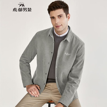 虎都夹克男休闲翻领外套灯芯绒面料中青年合体男士上衣hmw30760浅灰l