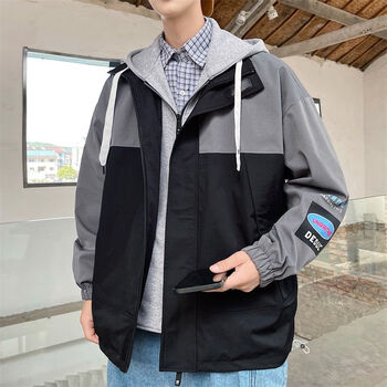 hkcz加肥加大男装春秋学生外套假两件男夹克加肥加大码学生国潮外穿