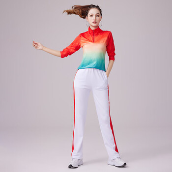 服装套装上衣秋季跳舞衣服妈妈演出服大妈比赛表演秋装 红绿立领长袖