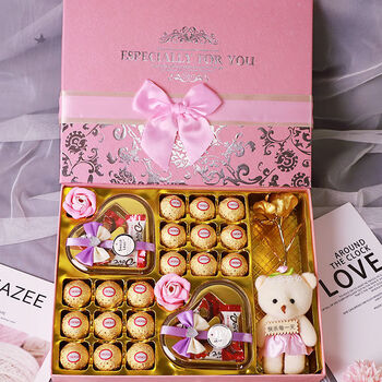 情人节礼物送男女朋友闺蜜巧克力礼盒装生日糖果礼盒装经典粉双心金花