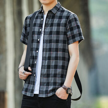 表兮纯棉格子衬衫男短袖棉夏季短袖衬衫男士宽松薄款潮流帅气大码1905