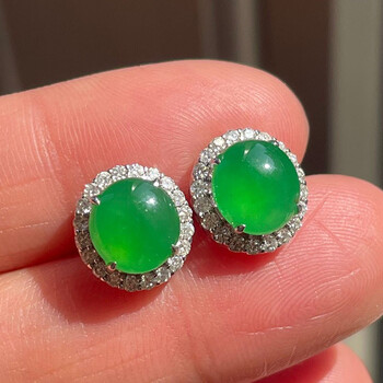 心偶玉女士翡翠冰种绿蛋面耳钉耳饰18k金镶嵌耳坠缅甸a货翡翠送礼送