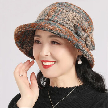 玳琪中老年帽子女秋冬款妈妈卷边礼帽加厚时尚毛呢渔夫帽英伦风盆帽两